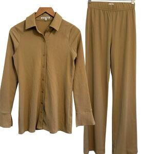 Reformation Button Down Textured Long Sleeve Top and Pant Set Size XS Lounge